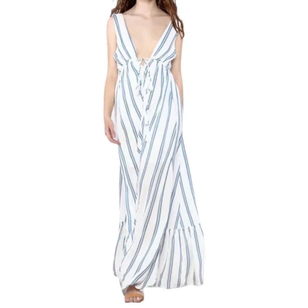Hommage White Blue Print Maxi Dress V Neck Tie Waist‎ Sleeveless  Resortwear